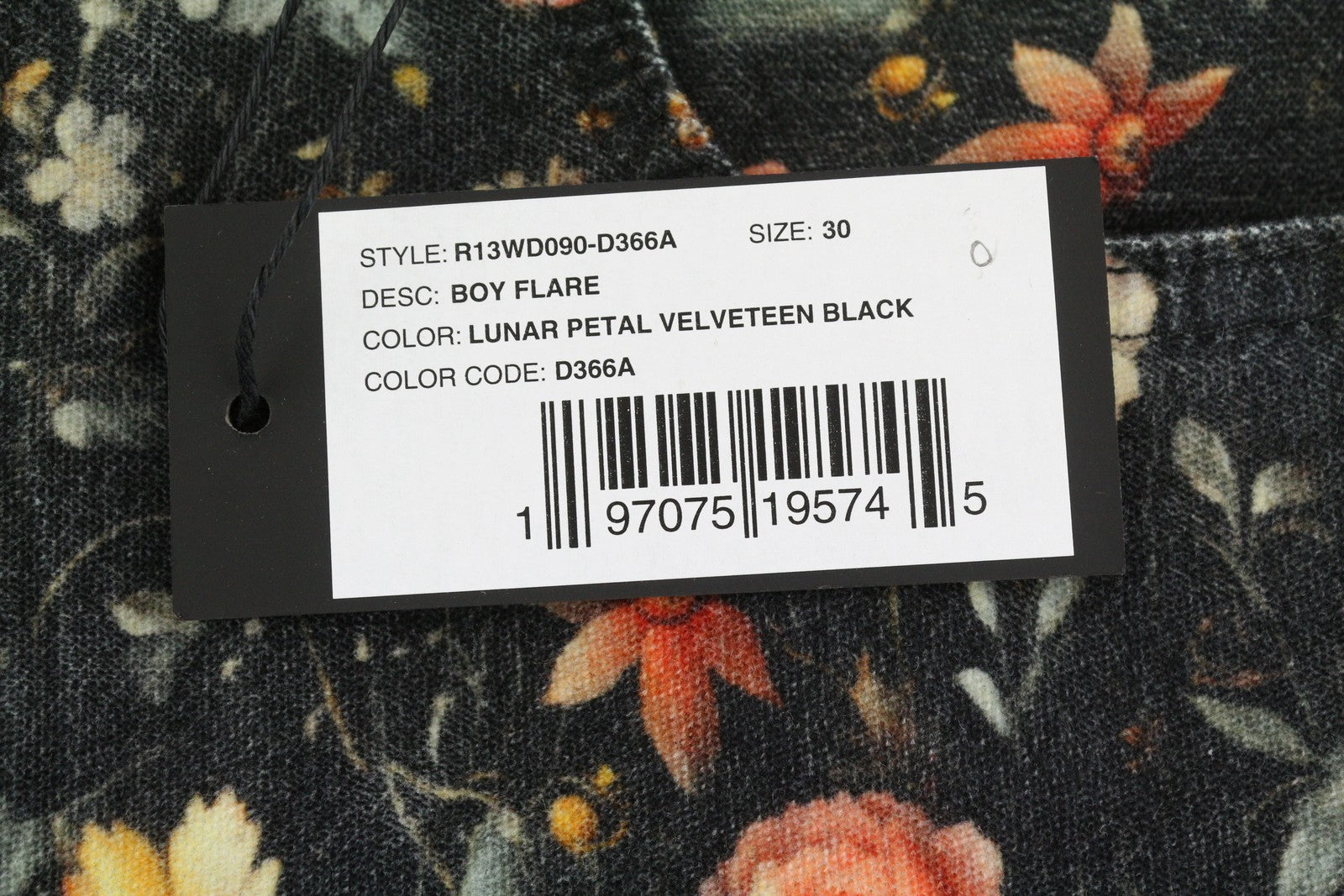 R13 berniukiški platėjantys moteriški džinsai, 30 Lunar Petal aksominiai, gėlių rašto, FW25, RRP799 