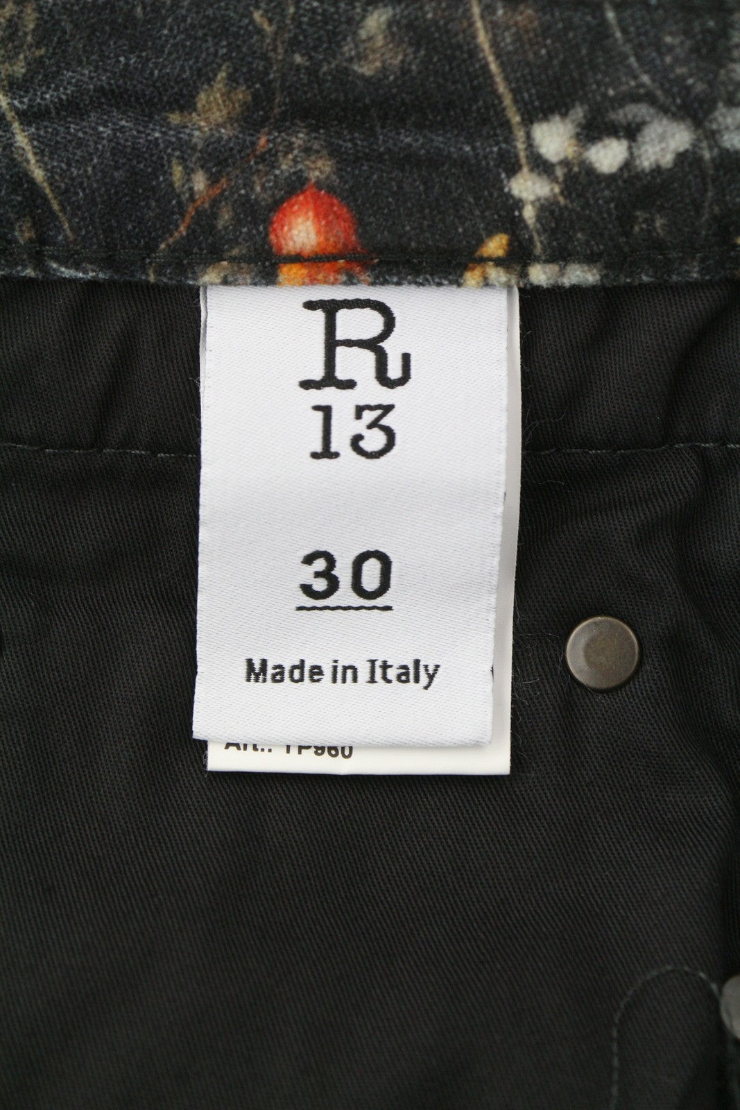 R13 berniukiški platėjantys moteriški džinsai, 30 Lunar Petal aksominiai, gėlių rašto, FW25, RRP799 