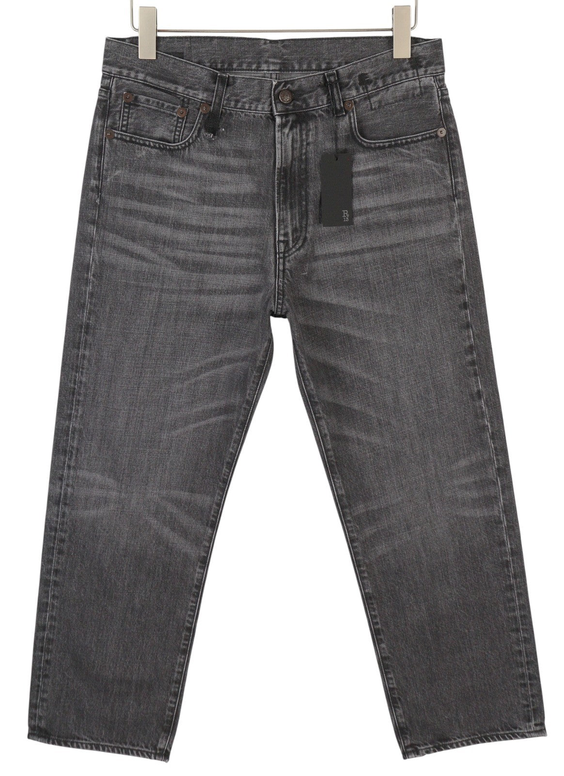 R13 Boyfriend moteriški džinsai 28 Wilson juodi ūsai su išblukusiu džinsu, trumpinti užtrauktuku PS25 