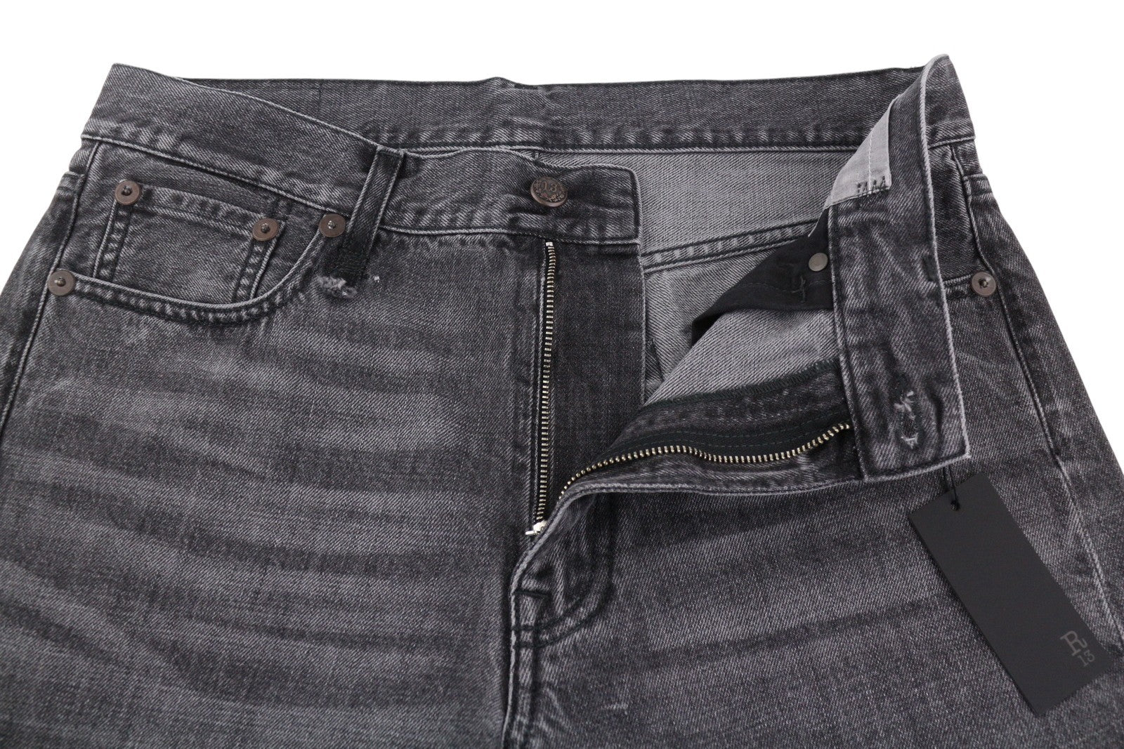 R13 Boyfriend moteriški džinsai 28 Wilson juodi ūsai su išblukusiu džinsu, trumpinti užtrauktuku PS25 