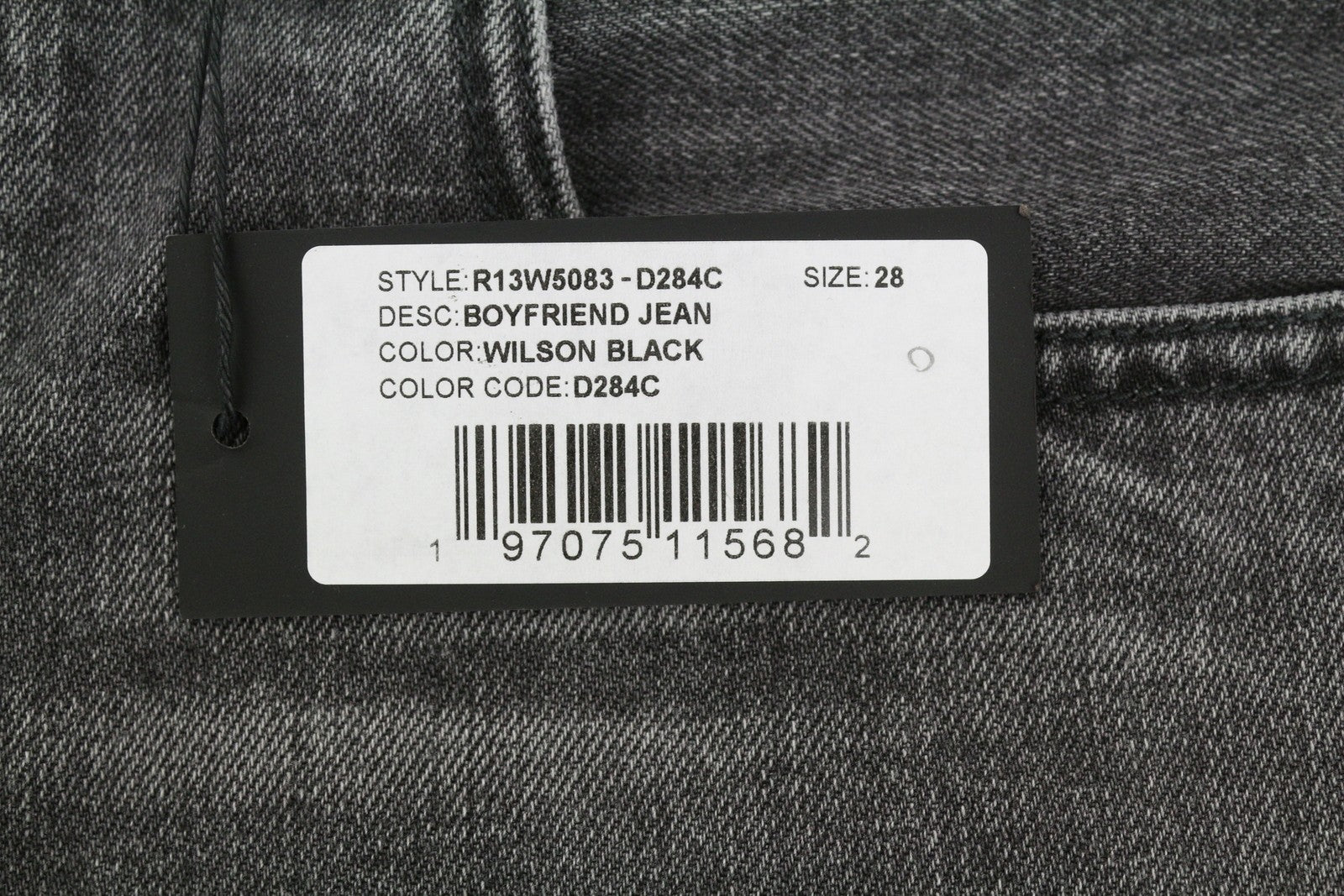 R13 Boyfriend moteriški džinsai 28 Wilson juodi ūsai su išblukusiu džinsu, trumpinti užtrauktuku PS25 