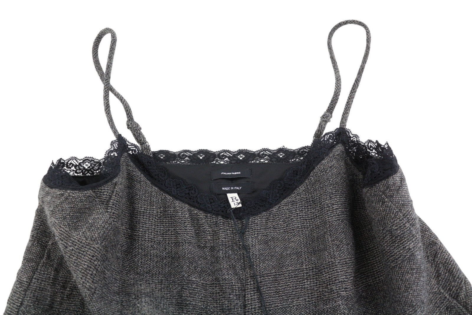 R13 moteriškas romperis su nėriniais ir rankovėmis S dydžio, tamsiai pilkas, languotas, vilnonis PF25, RRP1075 