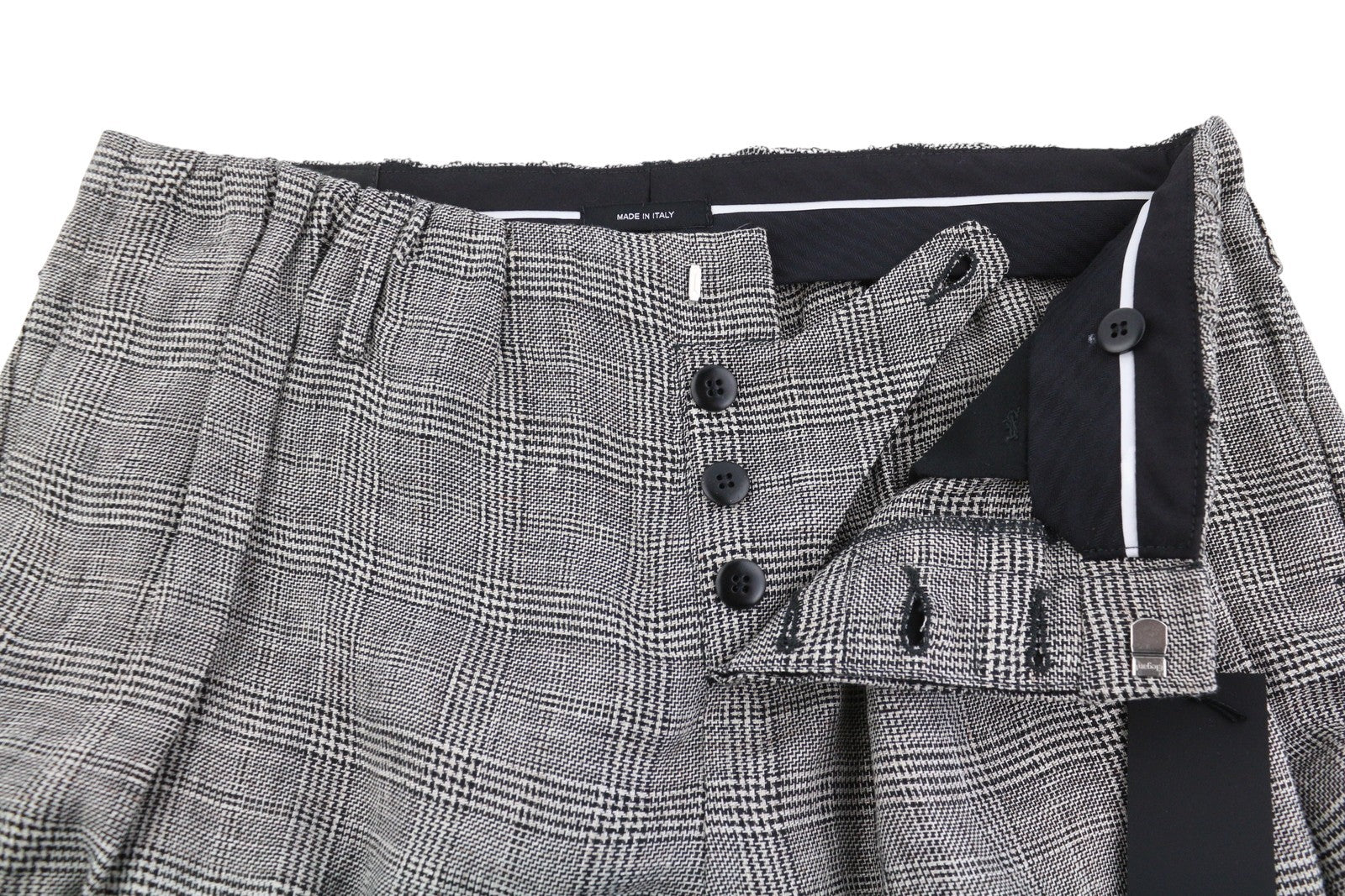 R13 Pasiūti moteriški šortai 27 pilki languoti lininiai tamprūs apvadai SS25 RRP499 