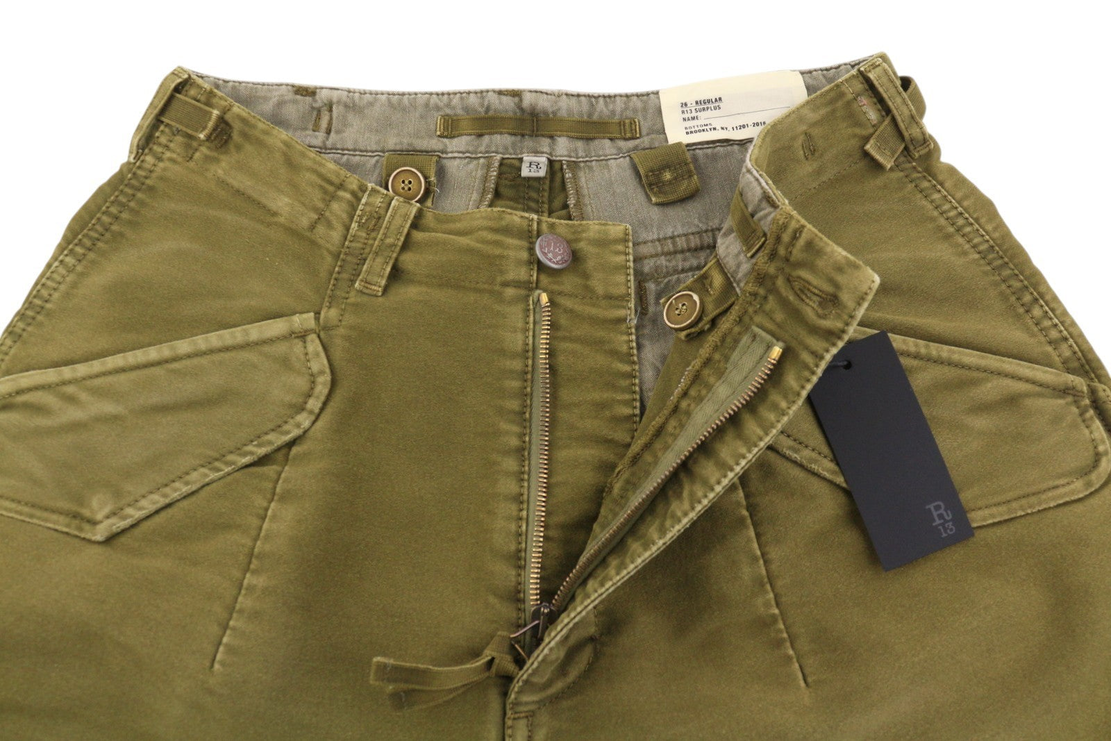 R13 moteriškos kelnės iki kulkšnies, 26, alyvuogių spalvos, dažytos drabužių logotipu, FW25, RRP1199 