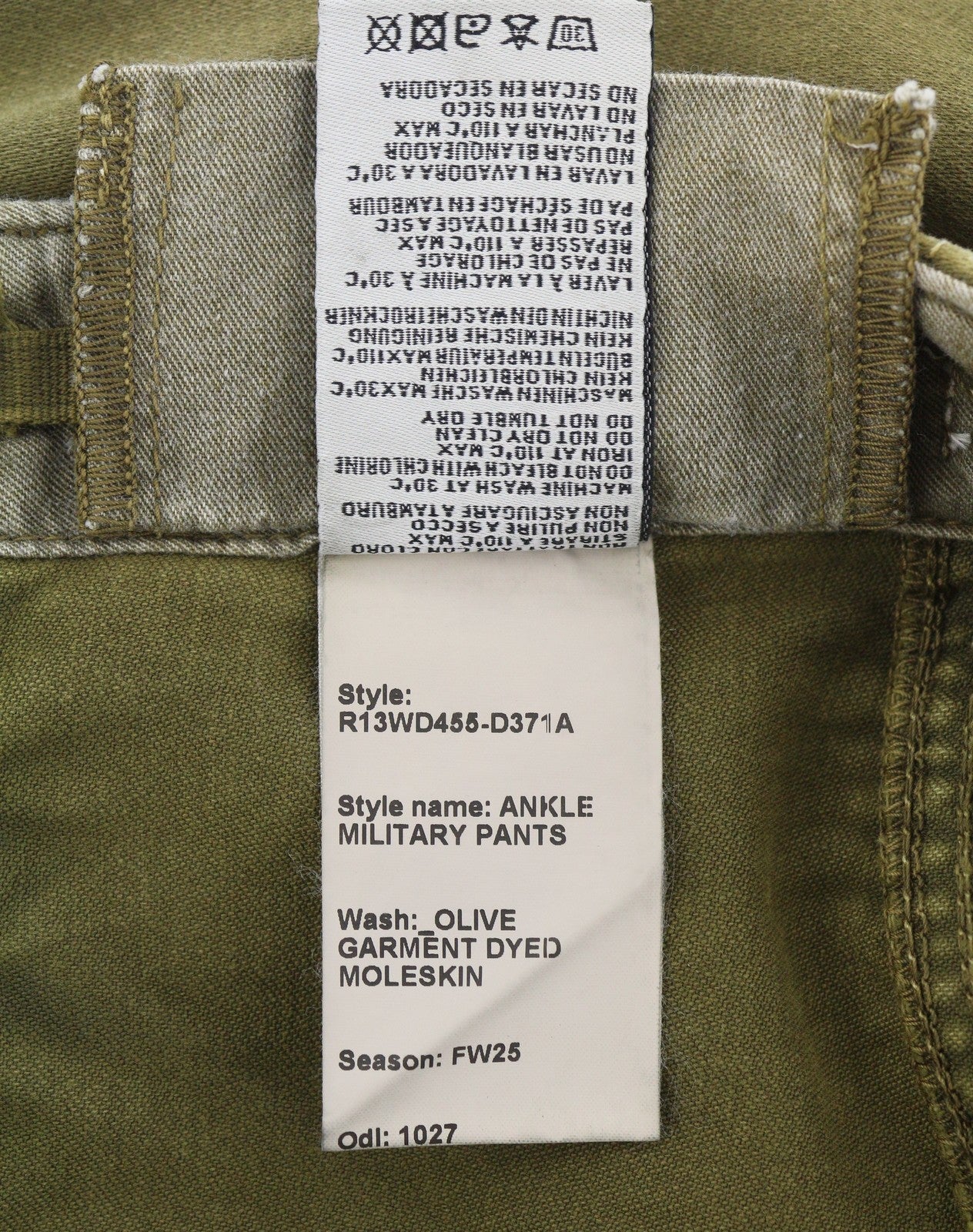 R13 moteriškos kelnės iki kulkšnies, 26, alyvuogių spalvos, dažytos drabužių logotipu, FW25, RRP1199 