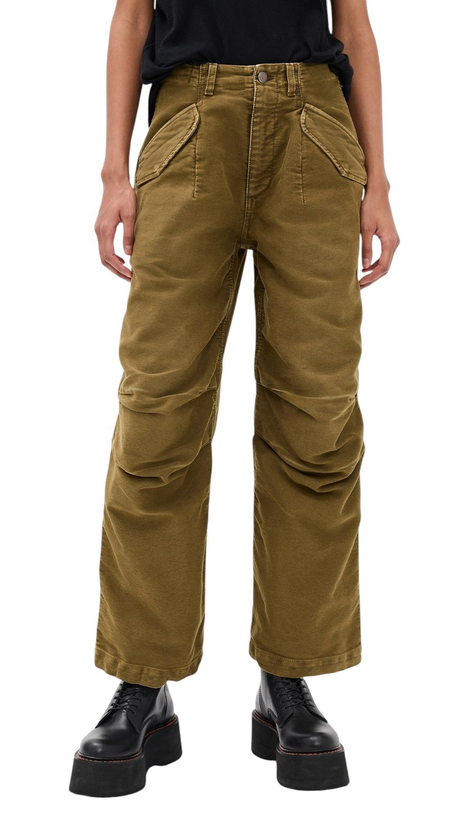 R13 kulkšnies karinės moteriškos kelnės, 30 alyvuogių spalvos, dažytos drabužių spalva, krovininės, su užtrauktuku, FW25, RRP1199 