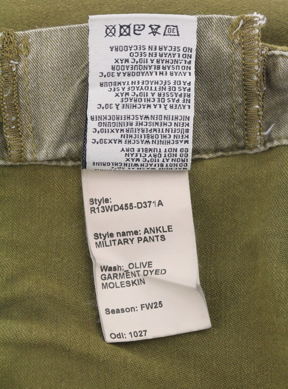 R13 kulkšnies karinės moteriškos kelnės, 30 alyvuogių spalvos, dažytos drabužių spalva, krovininės, su užtrauktuku, FW25, RRP1199 