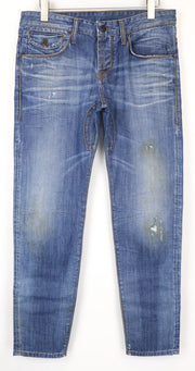 TAKESHY KUROSAWA vyriški W34 Slim Fit mėlyni grynos medvilnės džinsai su sendinto audinio efektu 