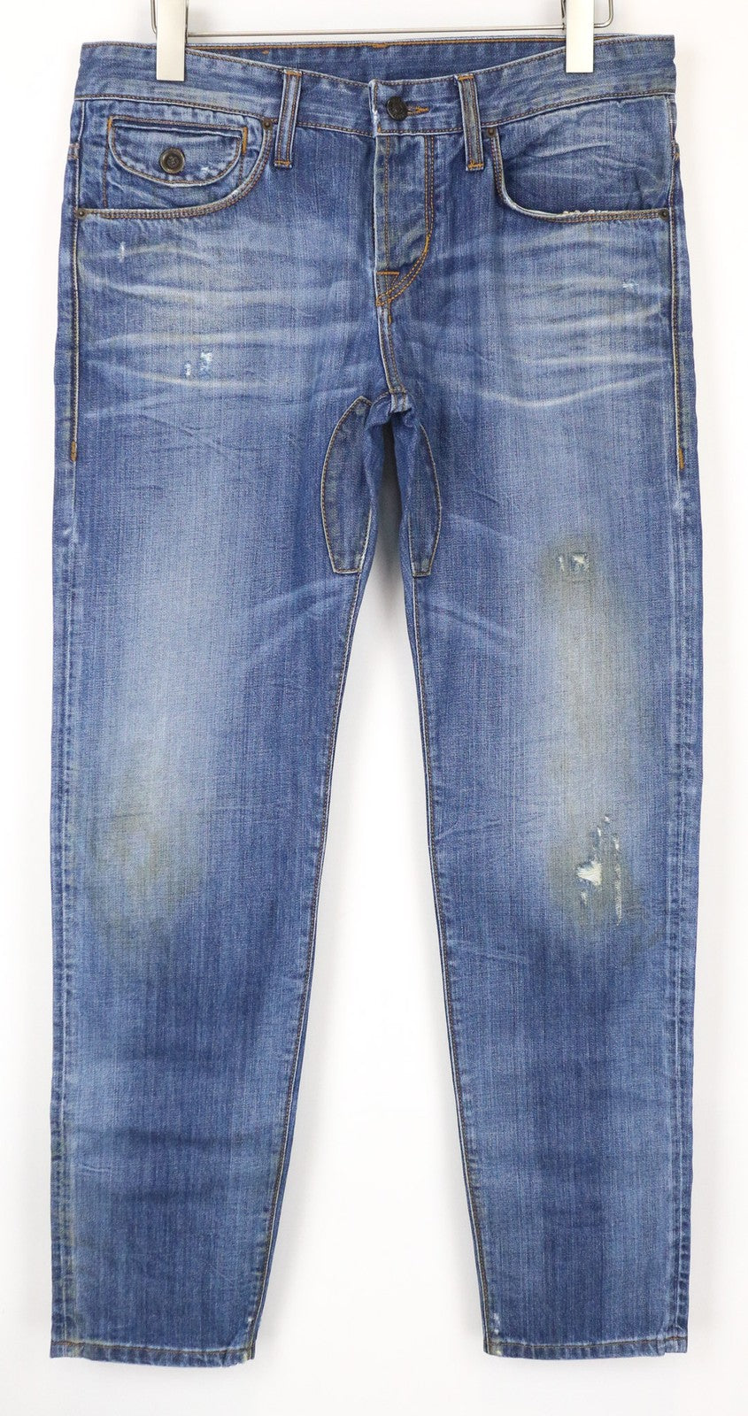 TAKESHY KUROSAWA vyriški W34 Slim Fit mėlyni grynos medvilnės džinsai su sendinto audinio efektu 