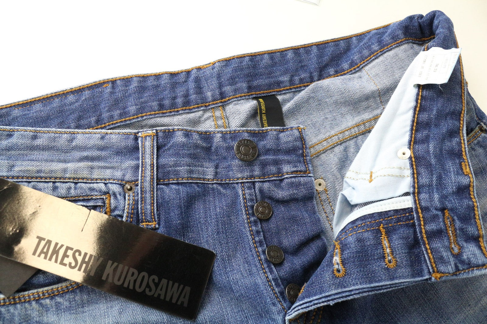 TAKESHY KUROSAWA vyriški W34 Slim Fit mėlyni grynos medvilnės džinsai su sendinto audinio efektu 