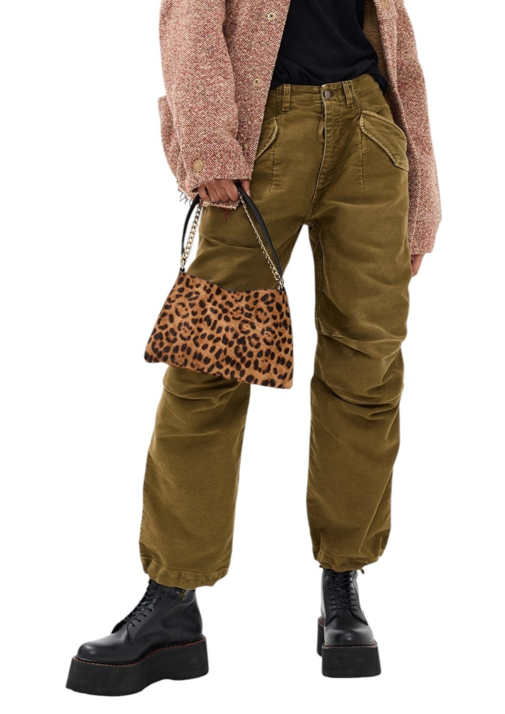 R13 kulkšnies karinės moteriškos kelnės 27 alyvuogių spalvos dažyta moleskine FW25 RRP1199 