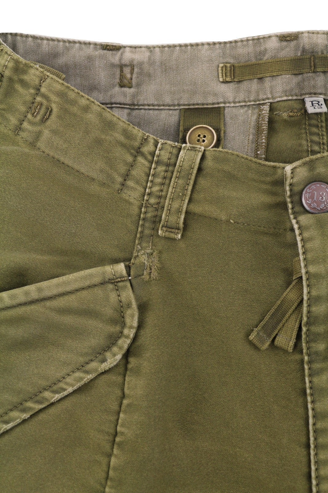 R13 kulkšnies karinės moteriškos kelnės 27 alyvuogių spalvos dažyta moleskine FW25 RRP1199 