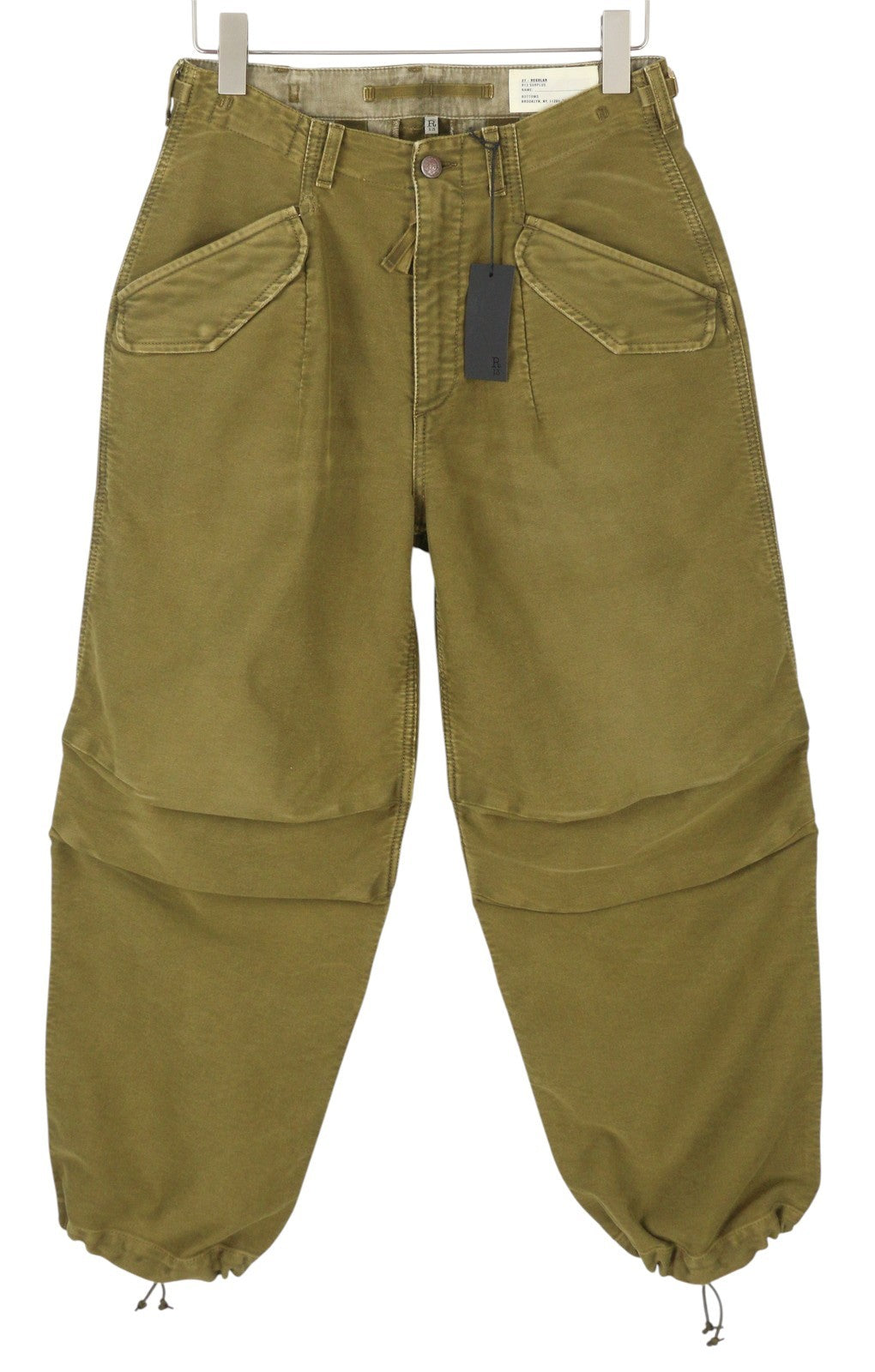 R13 kulkšnies karinės moteriškos kelnės 27 alyvuogių spalvos dažyta moleskine FW25 RRP1199 