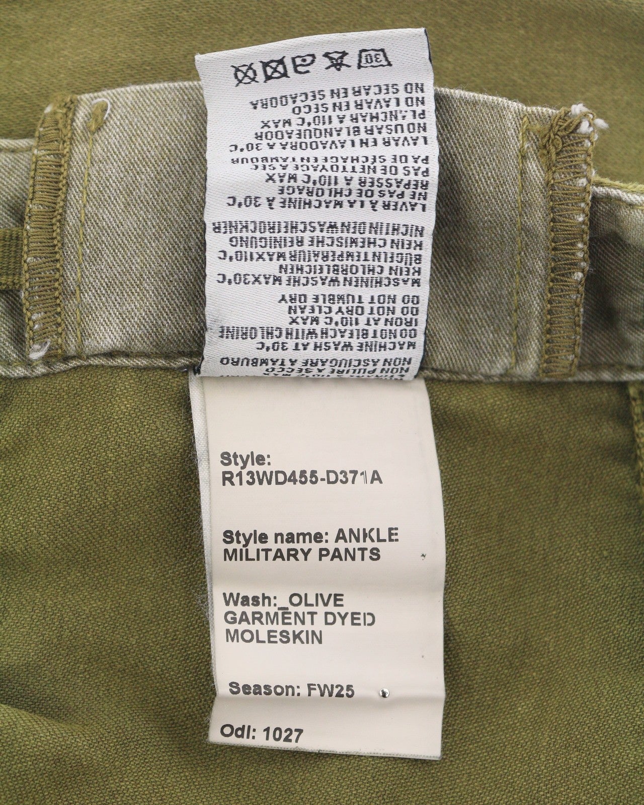 R13 kulkšnies karinės moteriškos kelnės 27 alyvuogių spalvos dažyta moleskine FW25 RRP1199 