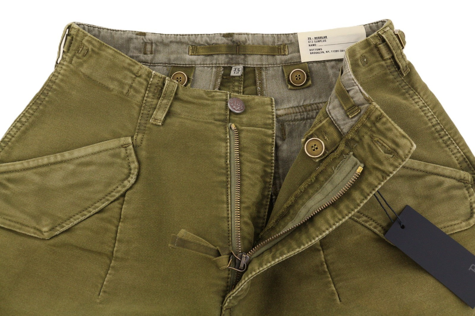 R13 moteriškos kelnės iki kulkšnies, karinės, 25, alyvuogių spalvos, dažytas krovininis logotipas, FW25, RRP1199 