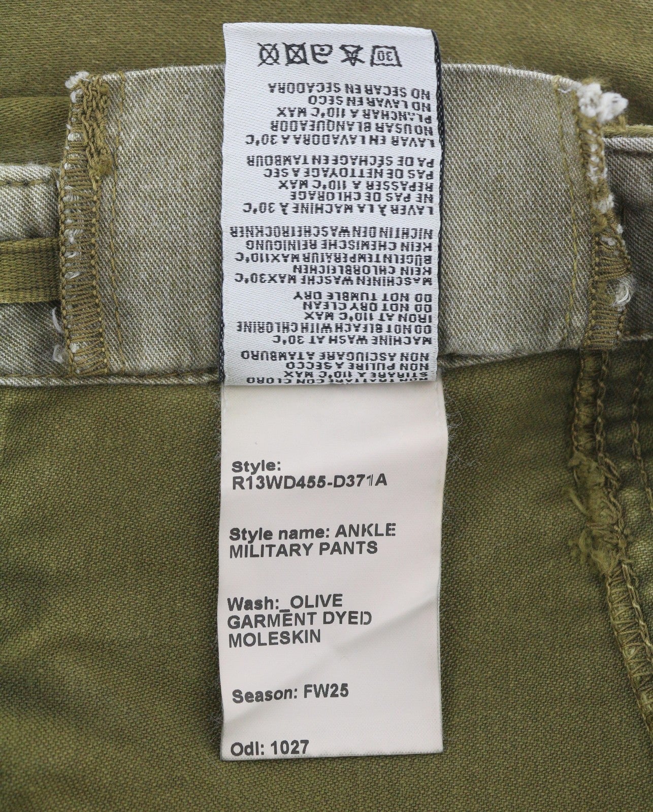 R13 moteriškos kelnės iki kulkšnies, karinės, 25, alyvuogių spalvos, dažytas krovininis logotipas, FW25, RRP1199 