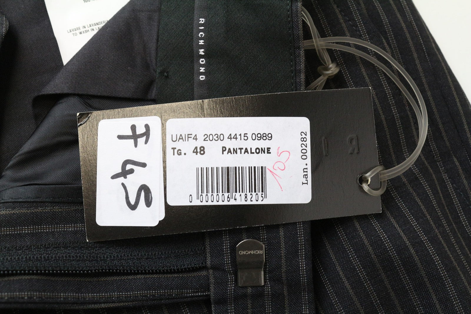 RICHMOND vyriškos kelnės 48 Tamsiai pilkos grynos vilnos dryžuotas raštas pasiūtos kelnės 