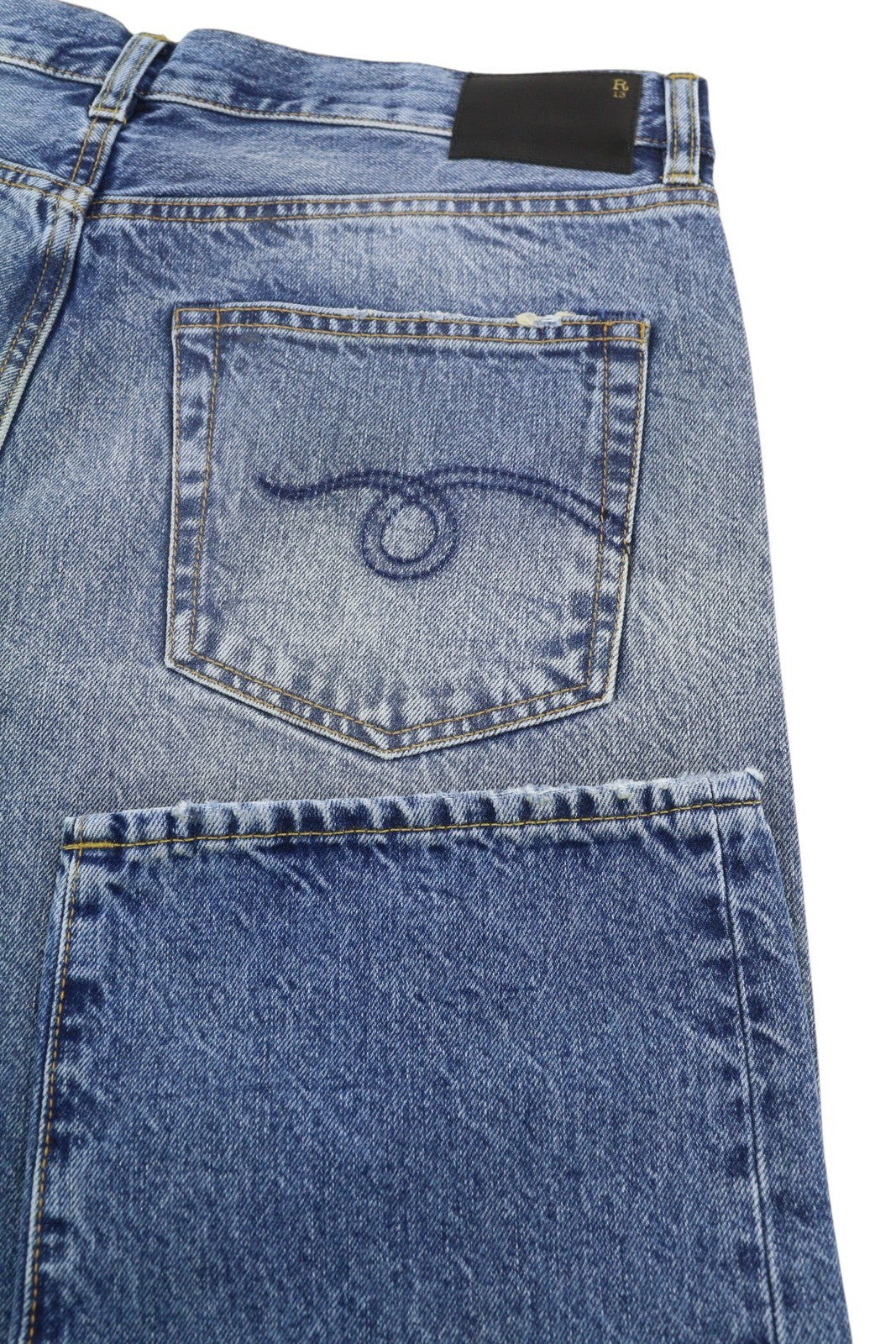 R13 Boyfriend moteriški džinsai, 30, Jasper, tiesus kirpimas, ūsai, išblukę iki kulkšnies, mėlyni, PF25 