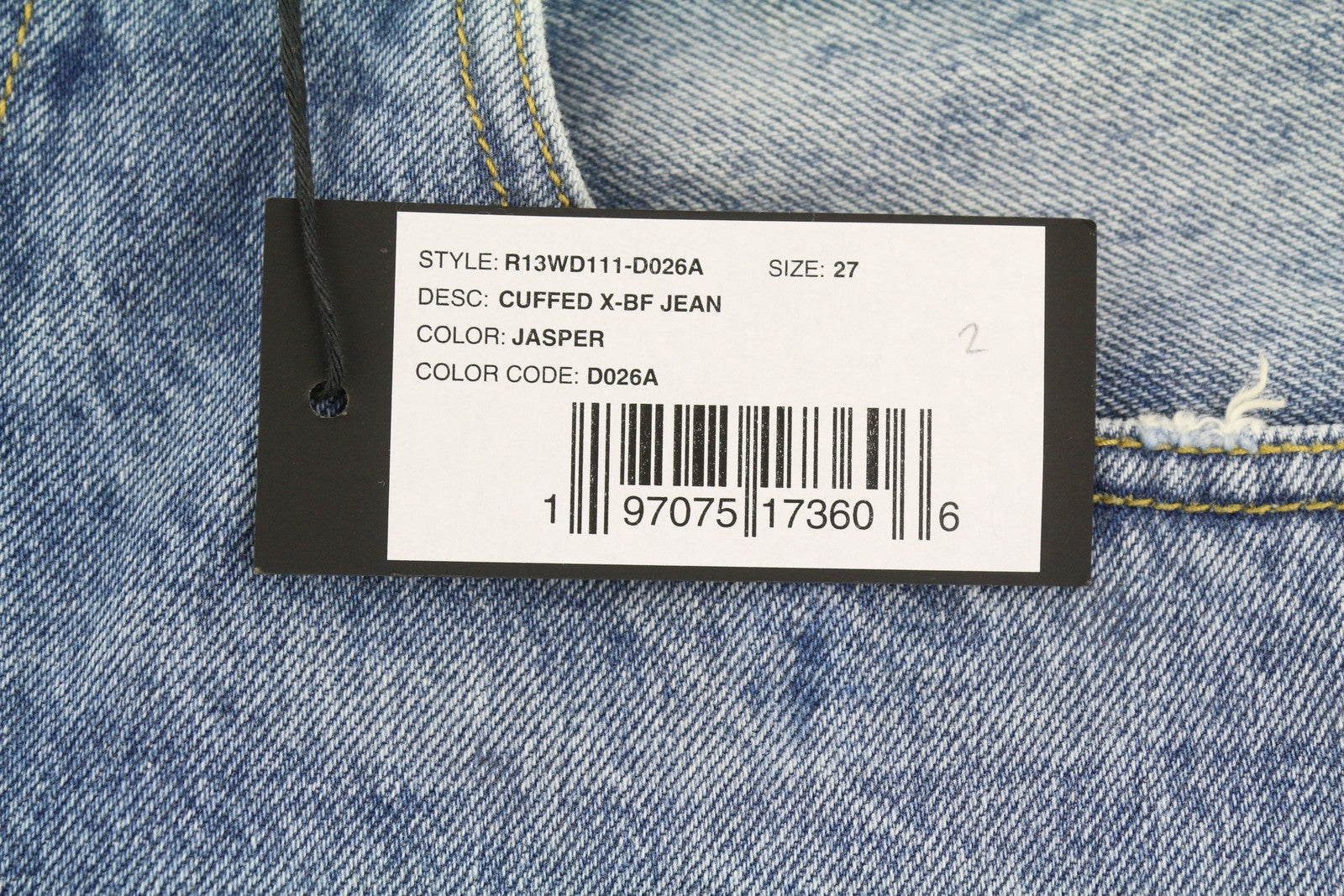 R13 Cuffed X-BF moteriški džinsai su rankogaliais 27 Jasper Straight ūsai išblukusi mėlyna spalva iki kulkšnies PF25