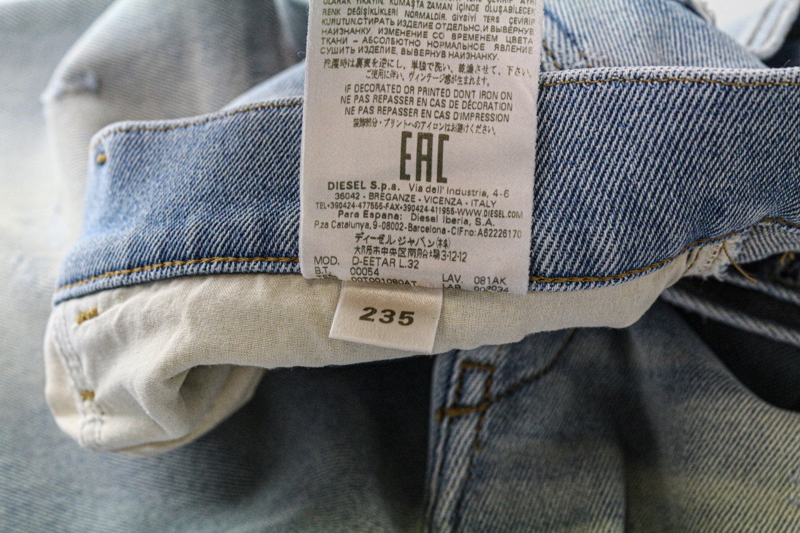 DIESEL D-Eetar 081AK Men's W34/L32 Blue Cotton Stretch Tapered Jeans Faded