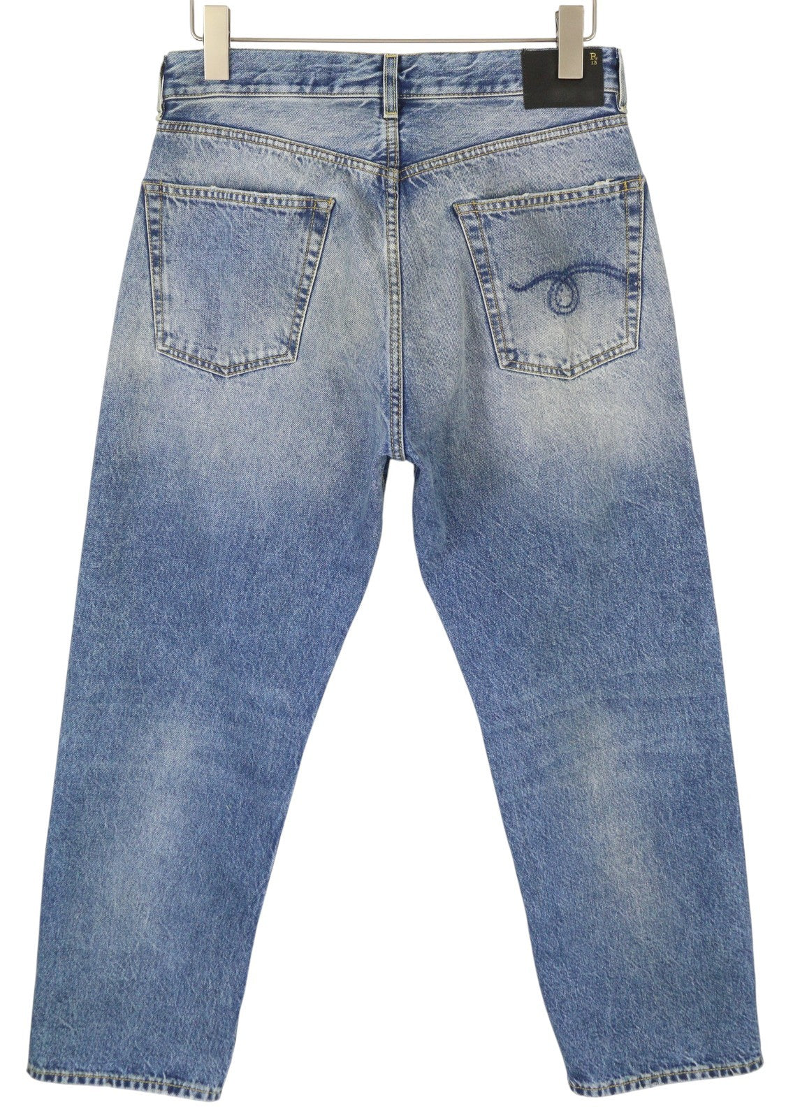 R13 Cuffed X-BF moteriški džinsai su rankogaliais 26 Jasper Straight Distress ūsai išblukusi mėlyna FW25 