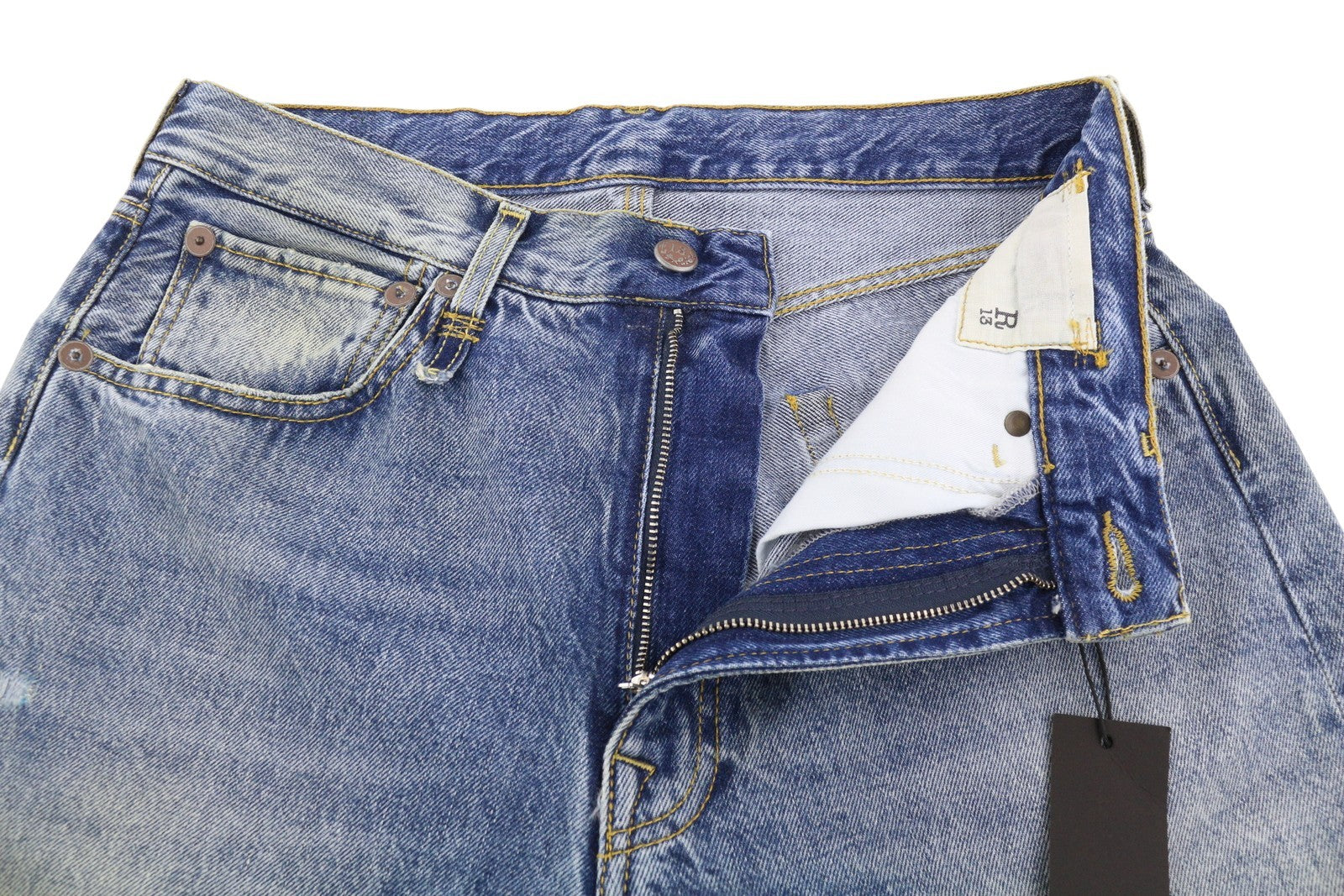 R13 Cuffed X-BF moteriški džinsai su rankogaliais 26 Jasper Straight Distress ūsai išblukusi mėlyna FW25 