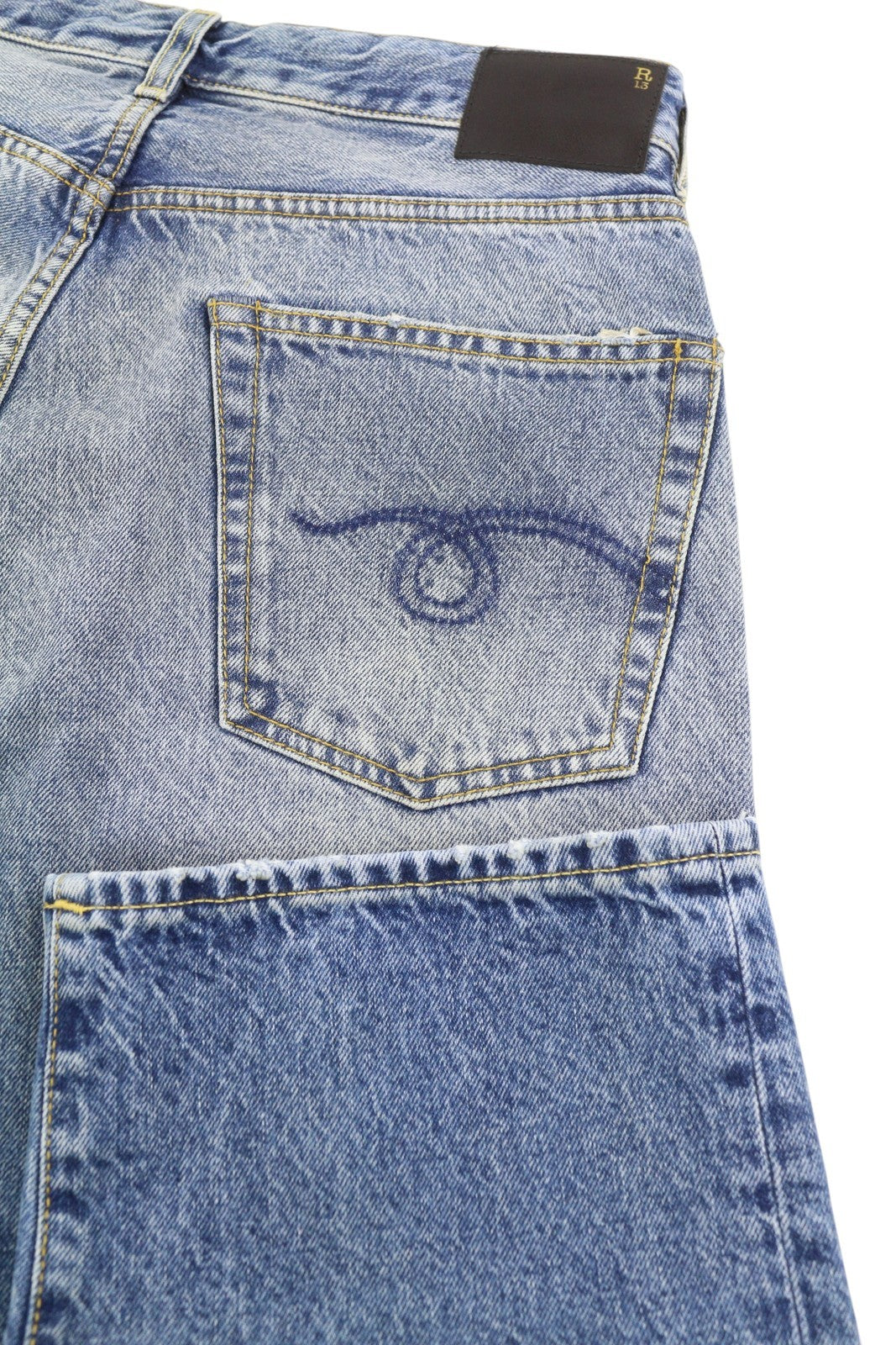 R13 Cuffed X-BF moteriški džinsai su rankogaliais 26 Jasper Straight Distress ūsai išblukusi mėlyna FW25 