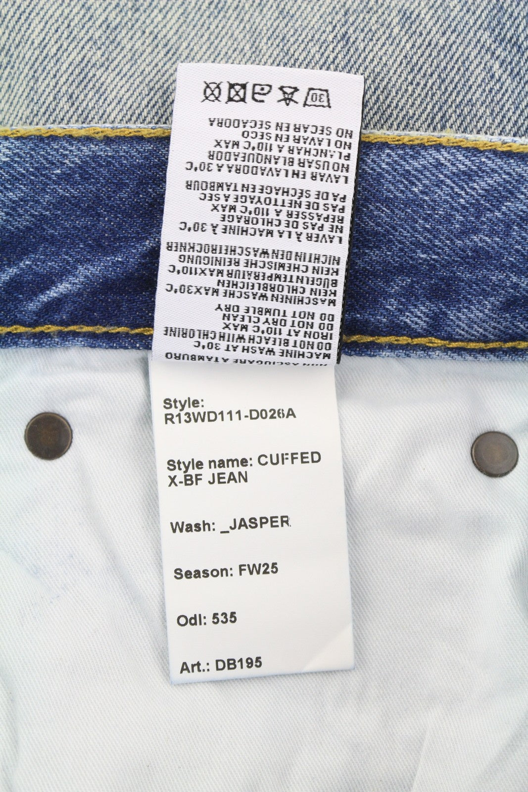 R13 Cuffed X-BF moteriški džinsai su rankogaliais 26 Jasper Straight Distress ūsai išblukusi mėlyna FW25 