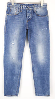 TAKESHY KUROSAWA vyriški W34 ploni mėlyni grynos medvilnės džinsai, dirbtinio kirpimo, skalbti 