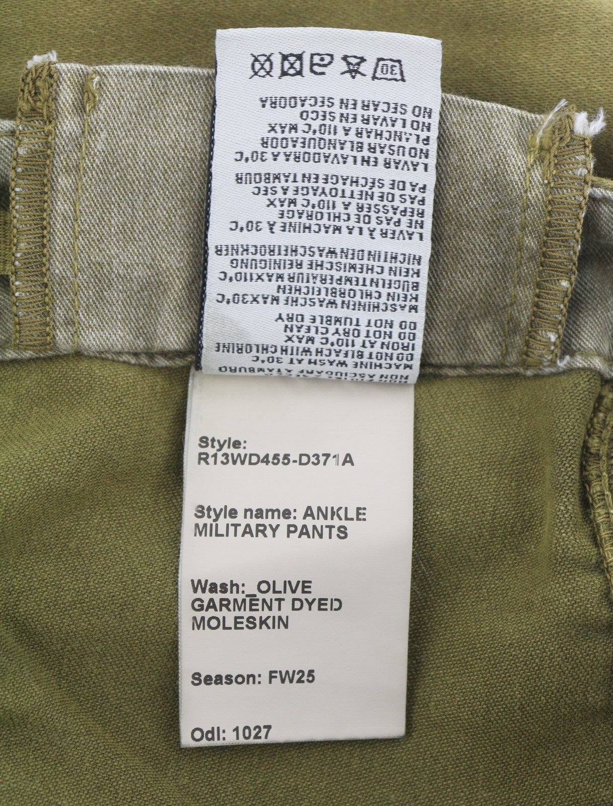 R13 moteriškos kelnės iki kulkšnies, karinės, 30 alyvuogių spalvos, dažyta moleskine, FW25, RRP1199 