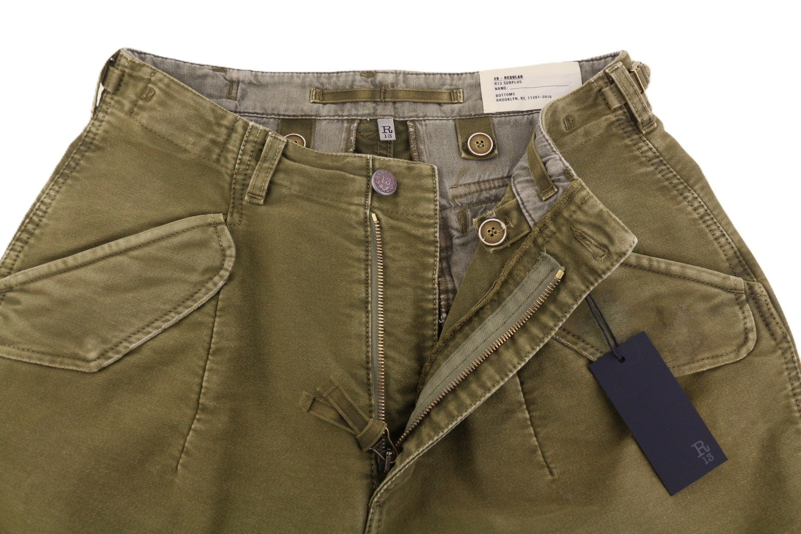 R13 kulkšnies karinės moteriškos kelnės 26 alyvuogių spalvos dažytos krovininės kelnės su užtrauktuku FW25 RRP1199 