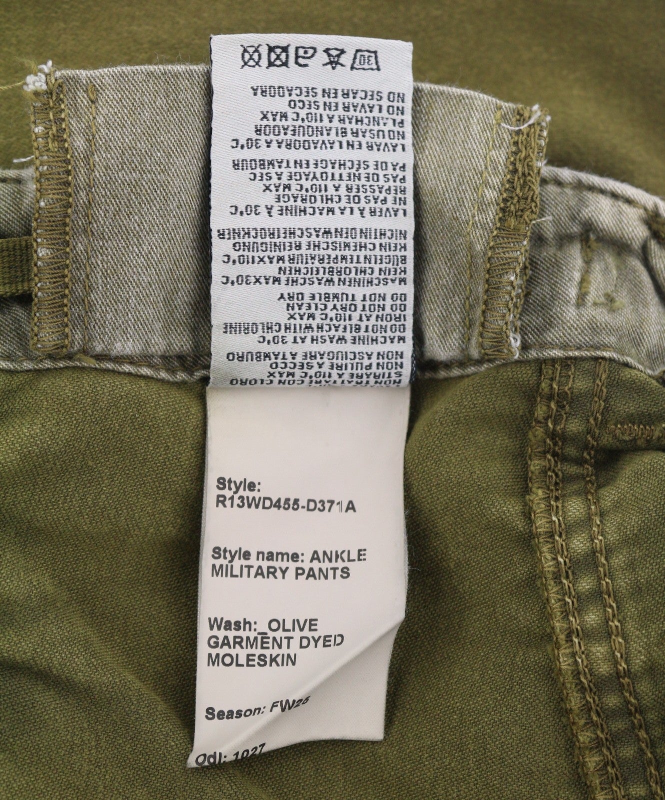 R13 kulkšnies karinės moteriškos kelnės 26 alyvuogių spalvos dažytos krovininės kelnės su užtrauktuku FW25 RRP1199 