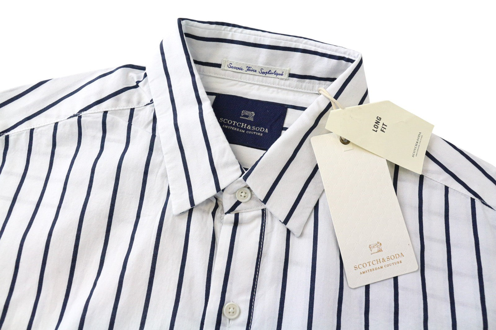 SCOTCH &amp; SODA vyriški marškinėliai M, balti dryžuoti, ploni, asimetriški medvilniniai marškinėliai ilgomis rankovėmis 