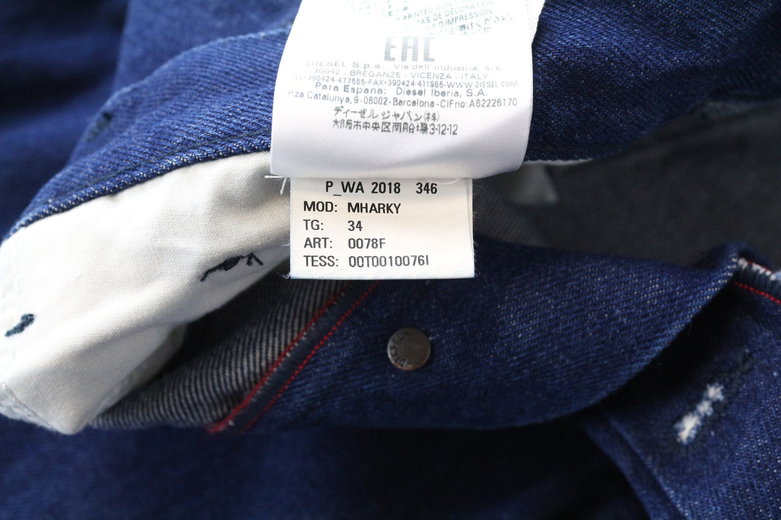 DIESEL Mharky 0078F vyriški džinsai W34 mėlyni, ploni, netempiami, su sagomis, aptempti 