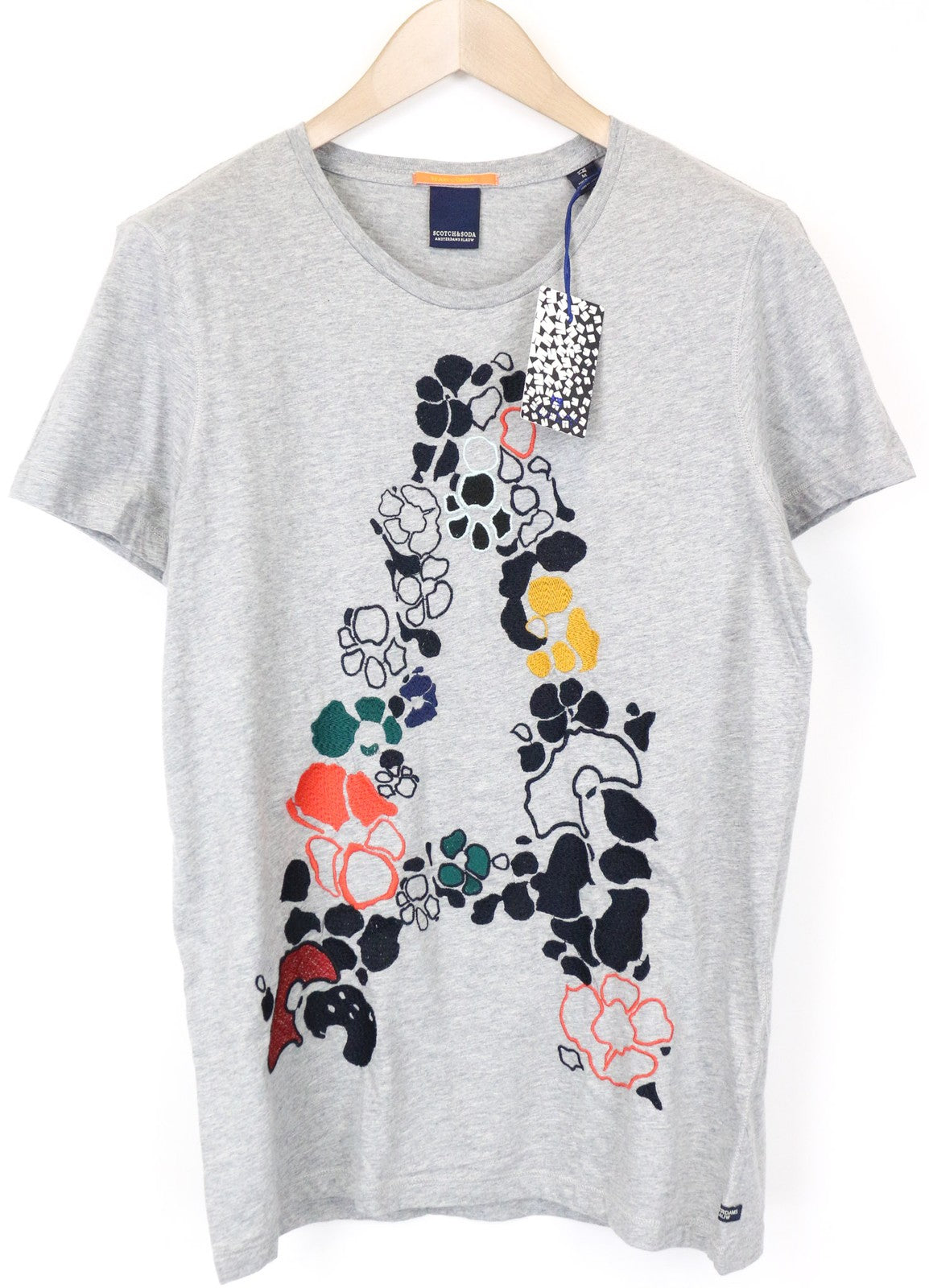 SCOTCH &amp; SODA moteriški marškinėliai M pilki siuvinėti medvilninio džersio apvalūs marškinėliai