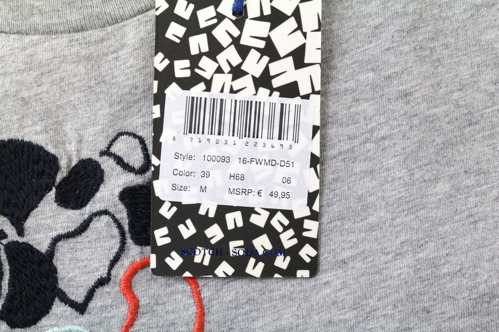 SCOTCH &amp; SODA moteriški marškinėliai M pilki siuvinėti medvilninio džersio apvalūs marškinėliai