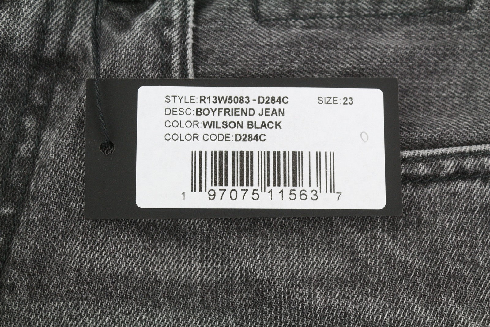 R13 Boyfriend moteriški džinsai 23 Wilson juodi ūsai su išblukusiu džinsu, trumpinti užtrauktuku PS25