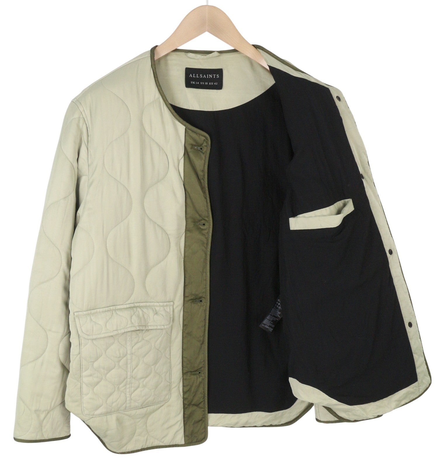 ALLSAINTS Foxi liner moteriškas švarkas EU42 žalias su sagomis ir dygsniuotomis apvalios kaklo kišenėmis 