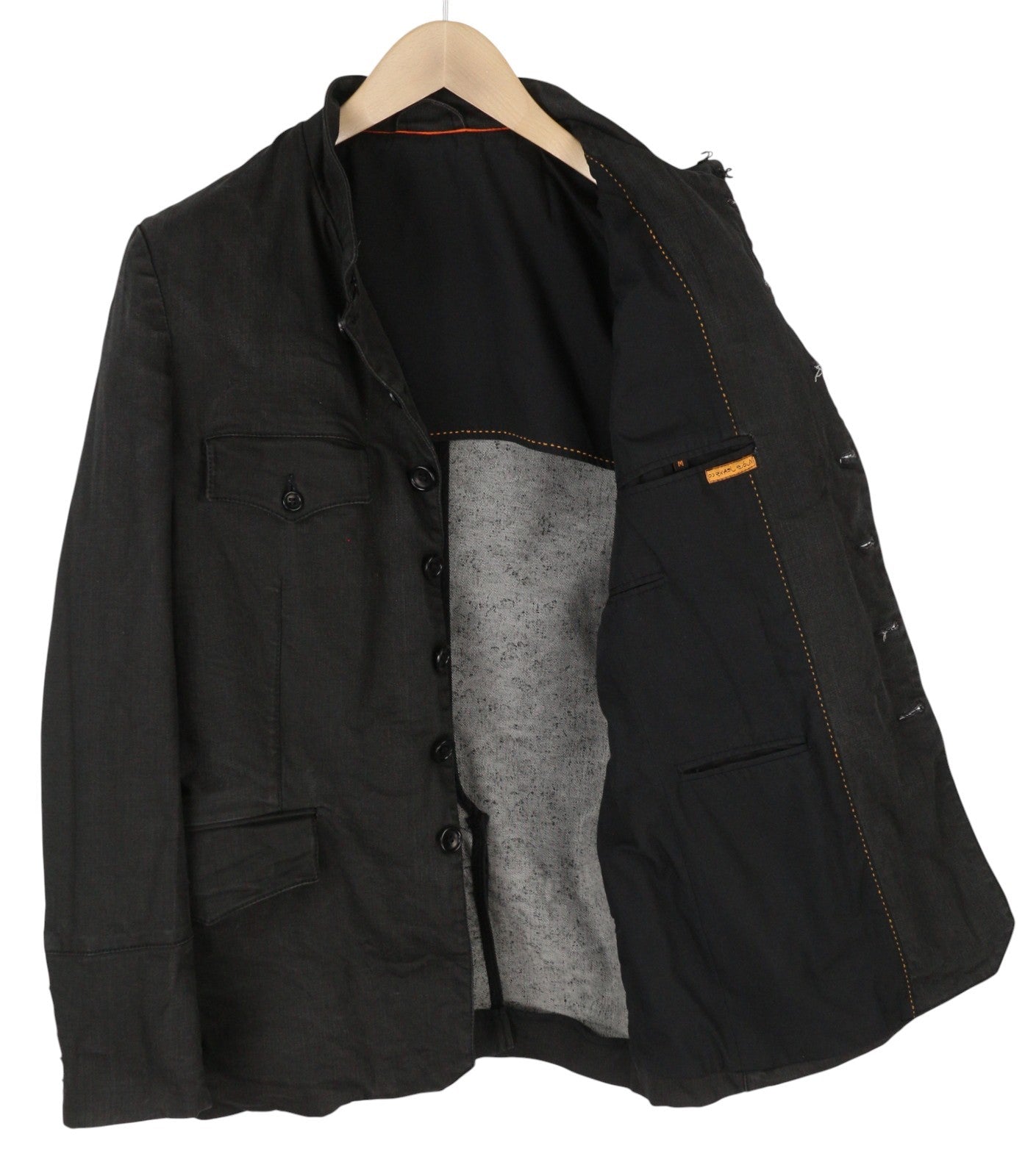 NUDIE JEANS vyriška striukė ~M juoda su sagomis, aukšta apykakle, be pamušalo, džinsinio audinio, tamsi 