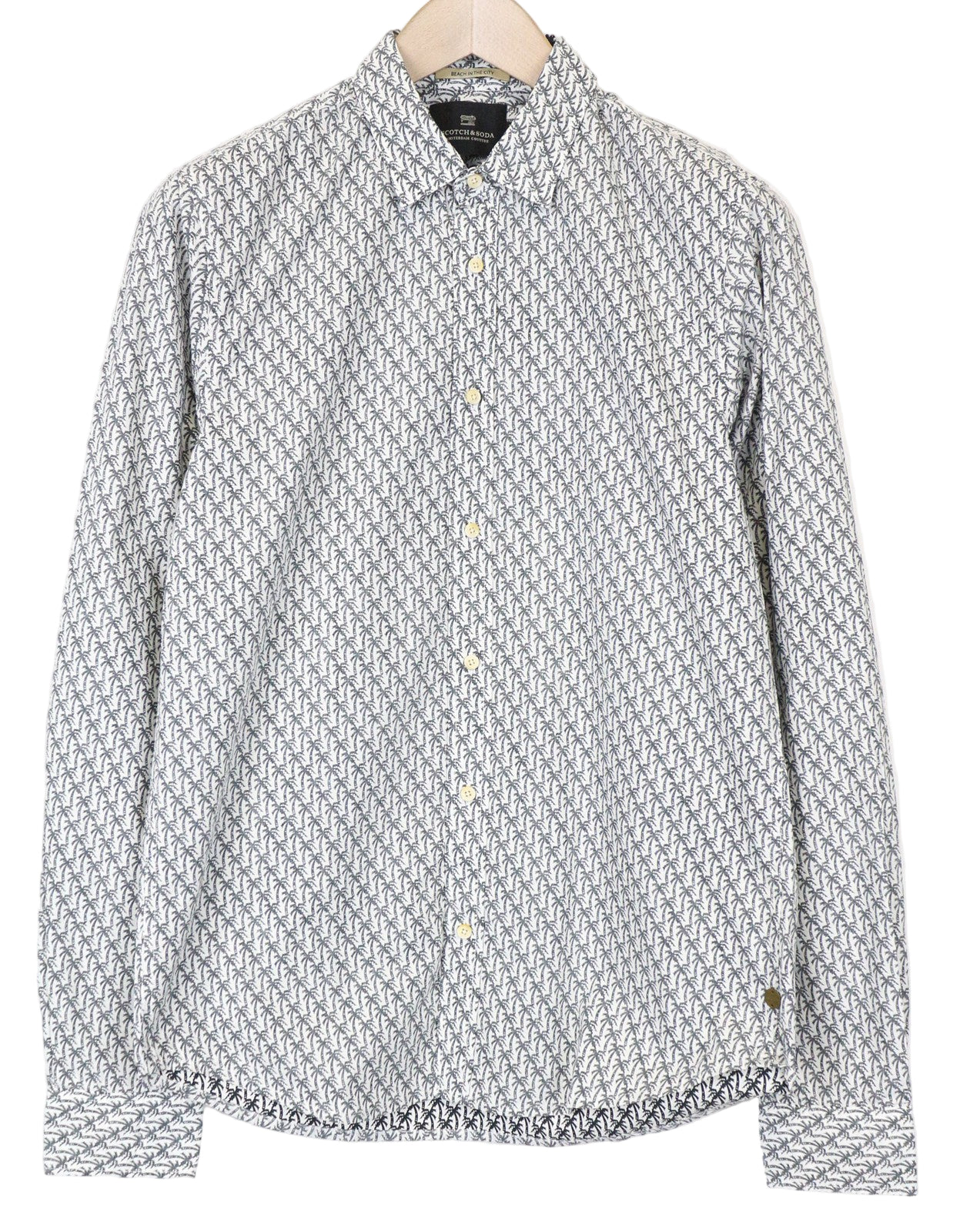 SCOTCH &amp; SODA vyriški marškinėliai S dydžio pilki delnų rašto vasariniai medvilniniai paplūdimio marškinėliai su sagomis