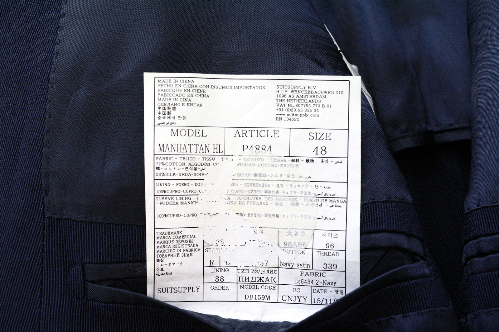 „SUITSUPPLY Manhattan“ vyriškas švarkas, UK38R, plonas medvilnės ir šilko mišinio mėlynas, formalus 