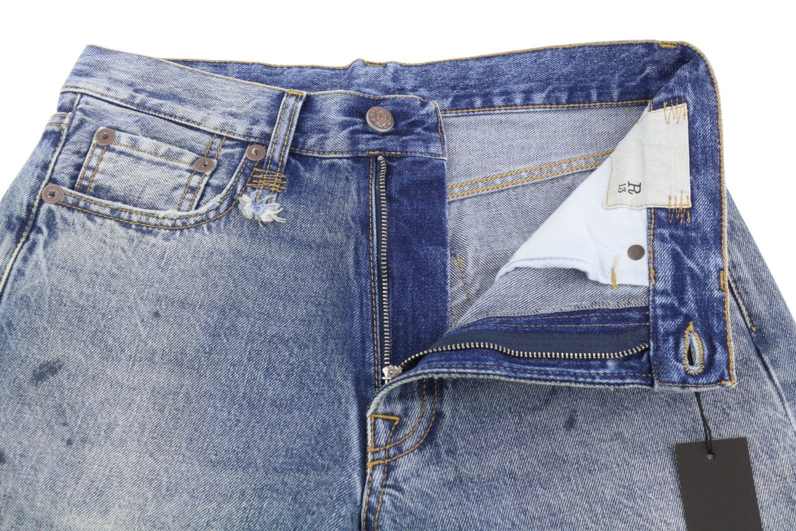 R13 Boyfriend moteriški džinsai 25 Jasper ūsai su išblukusiu trumpinimu, mėlyni PF25 