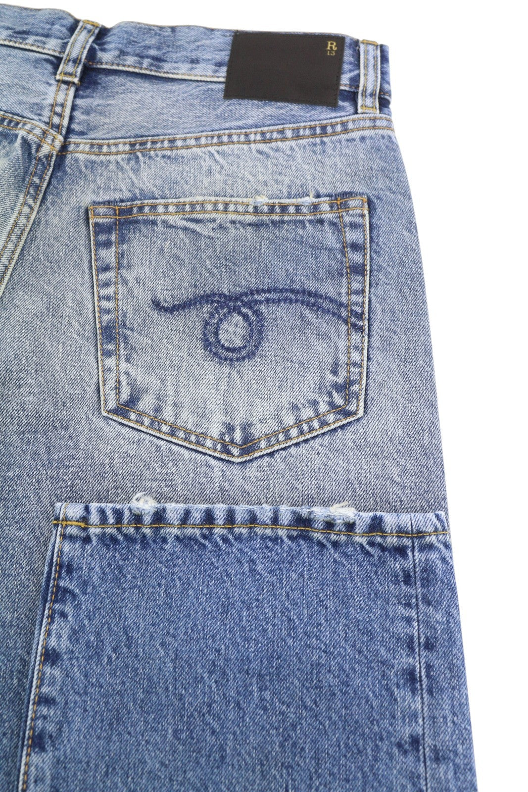 R13 Boyfriend moteriški džinsai 25 Jasper ūsai su išblukusiu trumpinimu, mėlyni PF25 