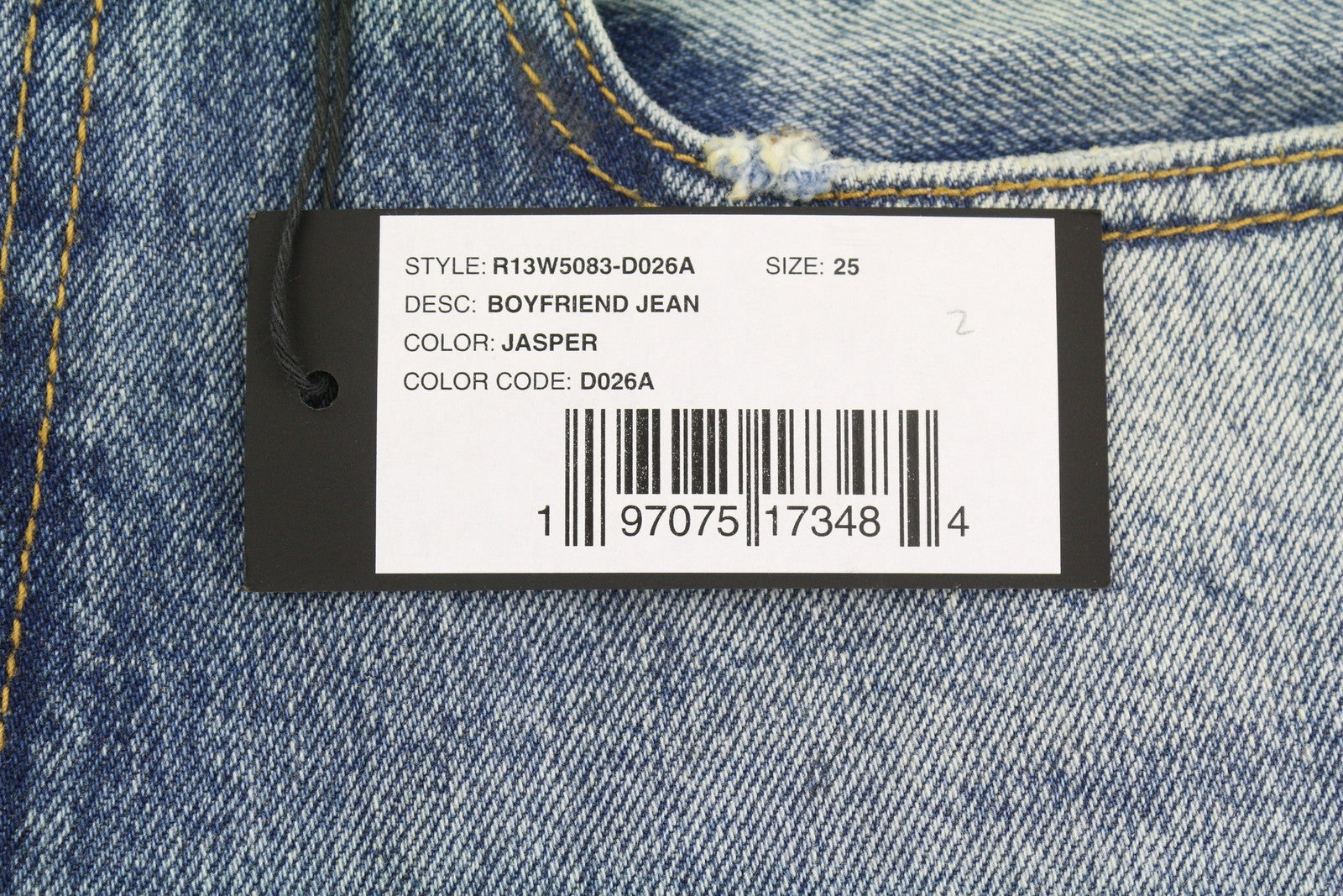 R13 Boyfriend moteriški džinsai 25 Jasper ūsai su išblukusiu trumpinimu, mėlyni PF25 