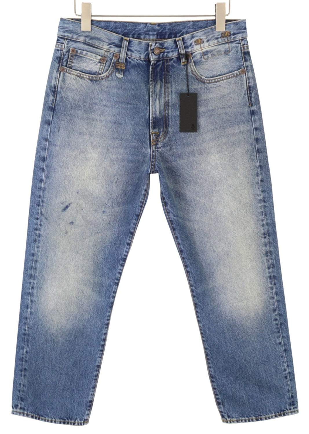 R13 Boyfriend moteriški džinsai 28 Jasper ūsai su išblukusiu trumpinimu, mėlyni PF25 