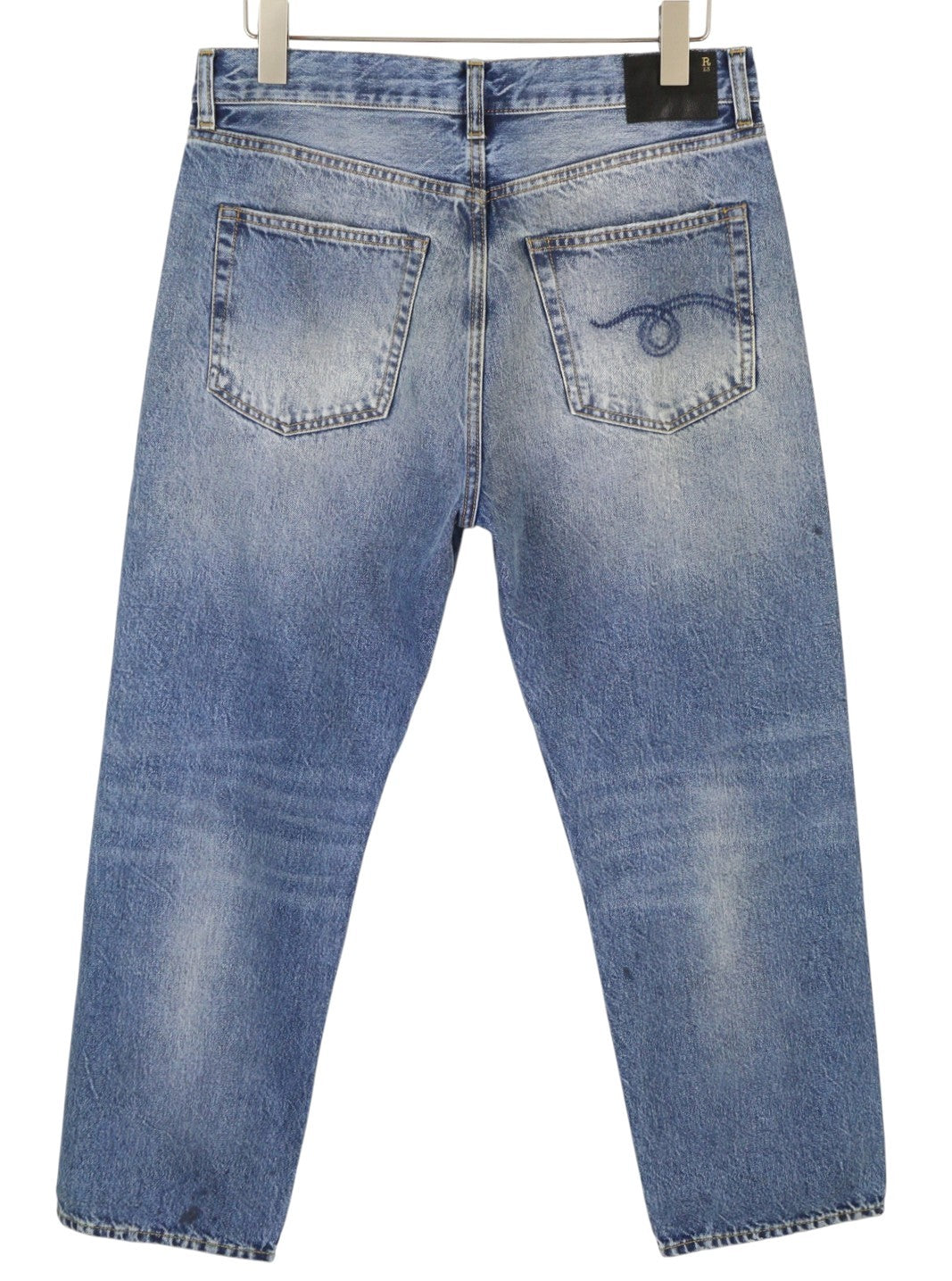 R13 Boyfriend moteriški džinsai 28 Jasper ūsai su išblukusiu trumpinimu, mėlyni PF25 