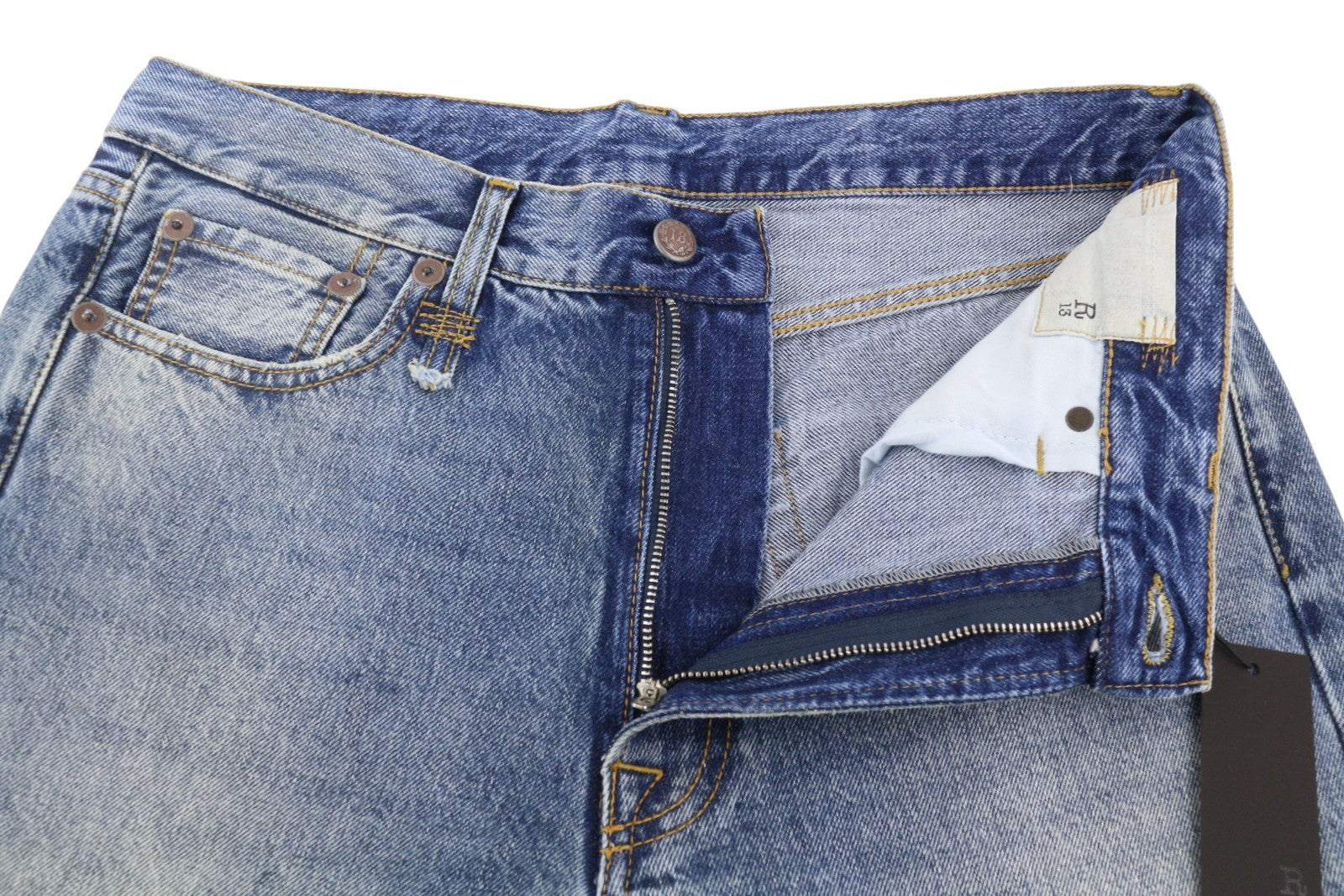 R13 Boyfriend moteriški džinsai 28 Jasper ūsai su išblukusiu trumpinimu, mėlyni PF25 