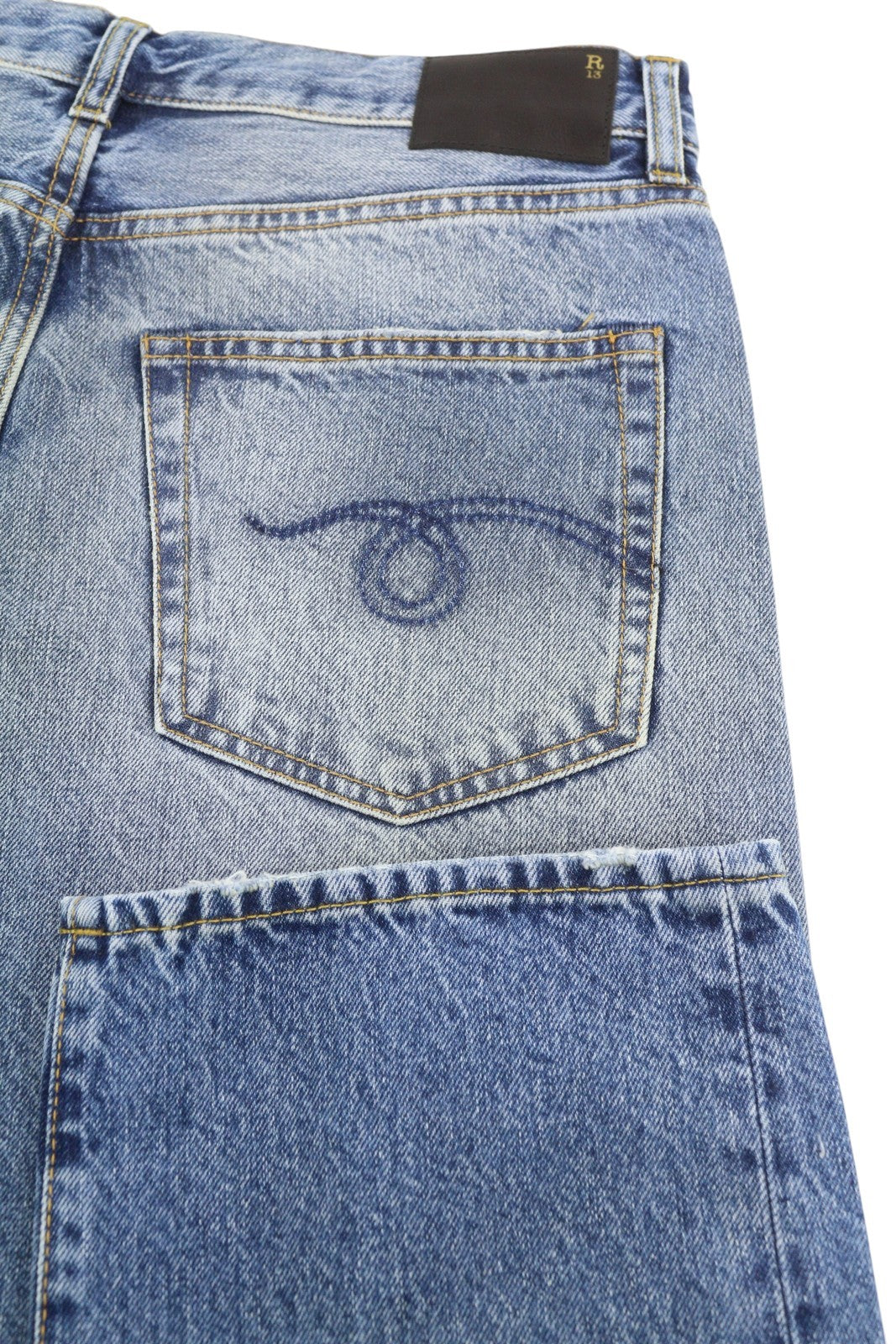 R13 Boyfriend moteriški džinsai 28 Jasper ūsai su išblukusiu trumpinimu, mėlyni PF25 