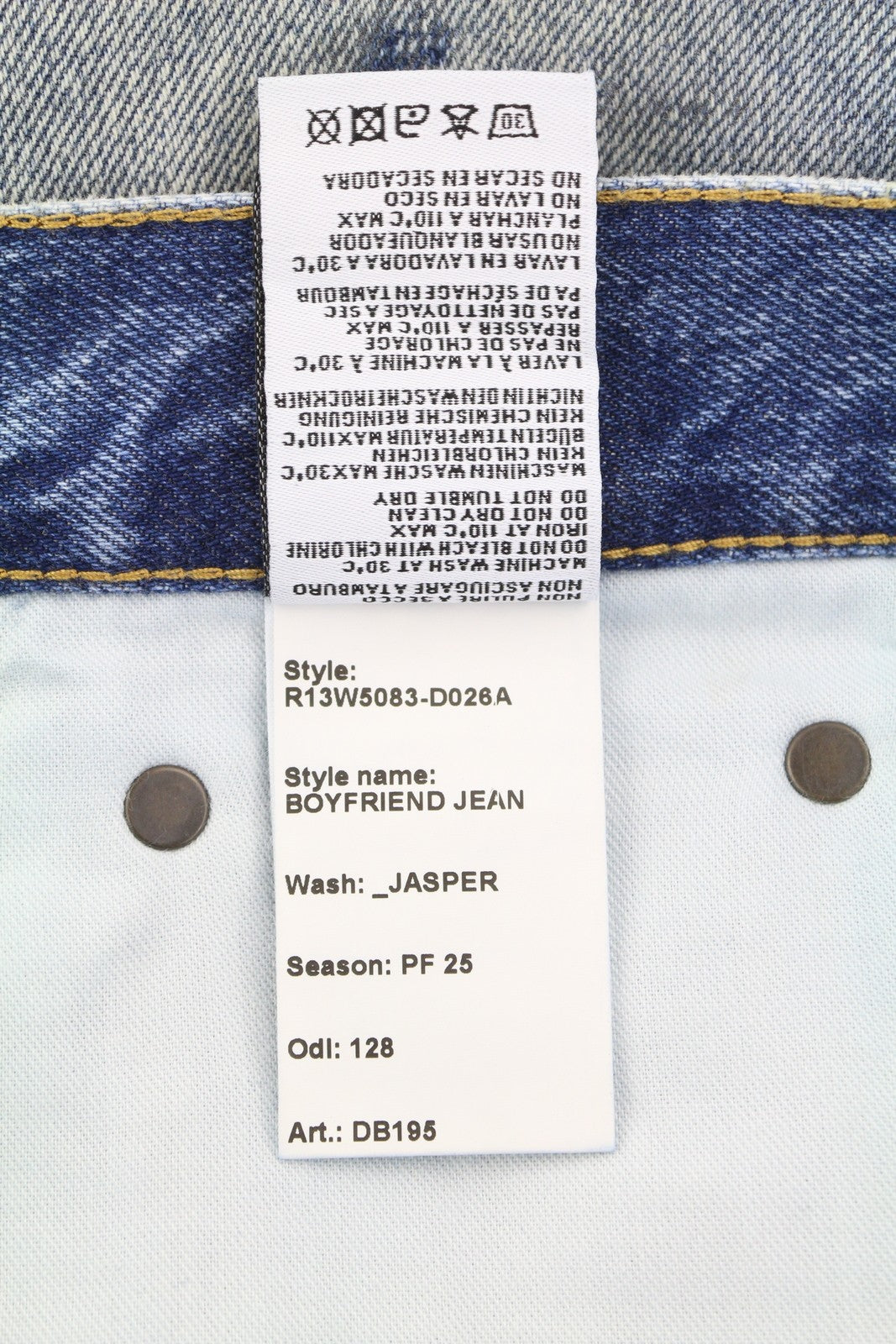 R13 Boyfriend moteriški džinsai 28 Jasper ūsai su išblukusiu trumpinimu, mėlyni PF25 