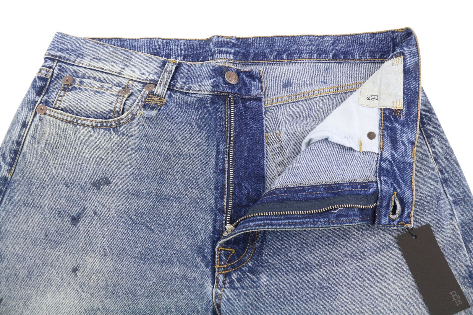 R13 Boyfriend moteriški džinsai, 30, Jasper, tiesus kirpimas, ūsai, išblukę iki kulkšnies, mėlyni, PF25 